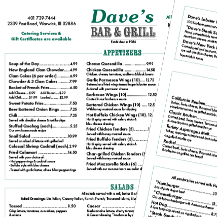 colorful restaurant menu